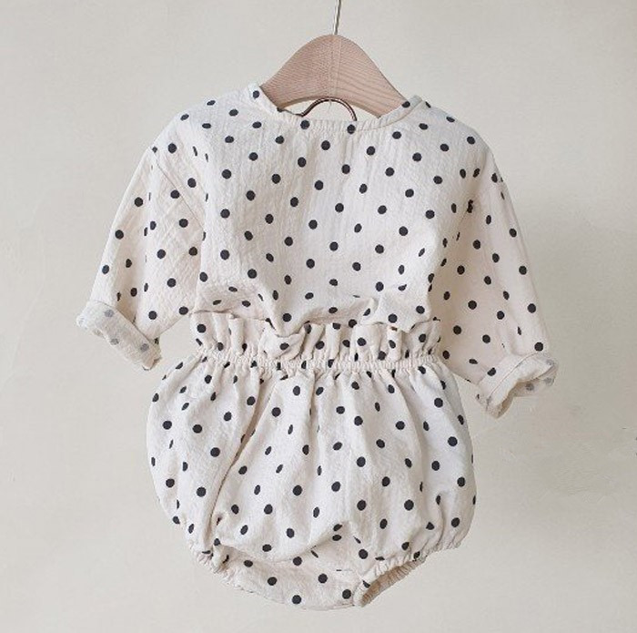 Cute Cotton And Linen Suit, Baby Polka Dot Top, Lantern Shorts, Two-Piece Suit