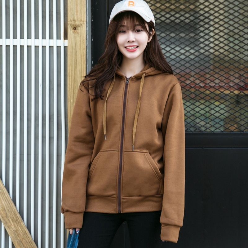Hooded Cardigan Long Sleeve Solid Color Sweatshirt