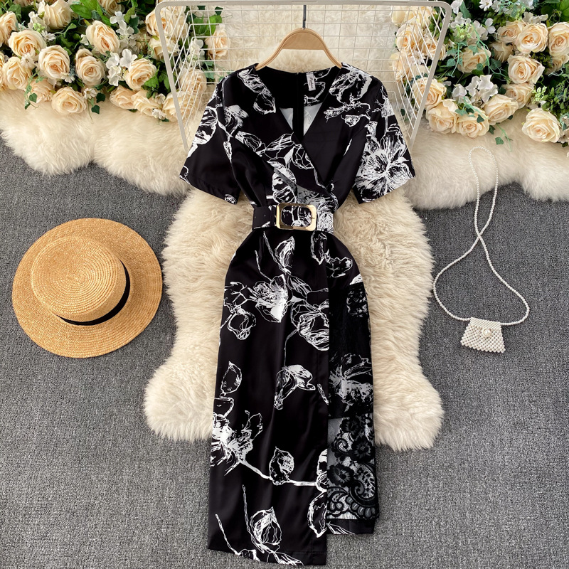 Lace Stitching Retro Print Dress Yu Sister Light Familiar Style