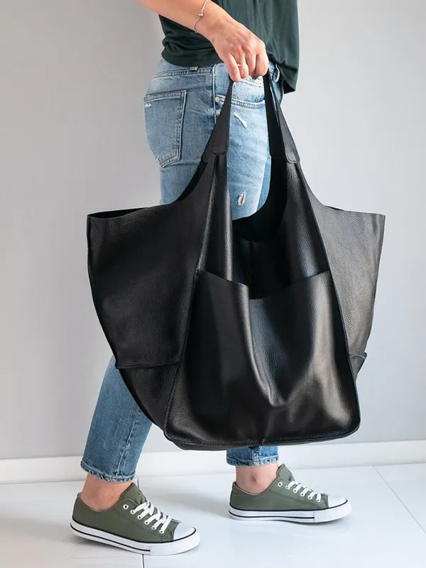 Vintage Large Capacity Handbags PU Soft Leather Big Bag Designer Luxury Women Shoulder Bag Beach On Vacation Woman Tote Bag Black - Shop at LoveMi