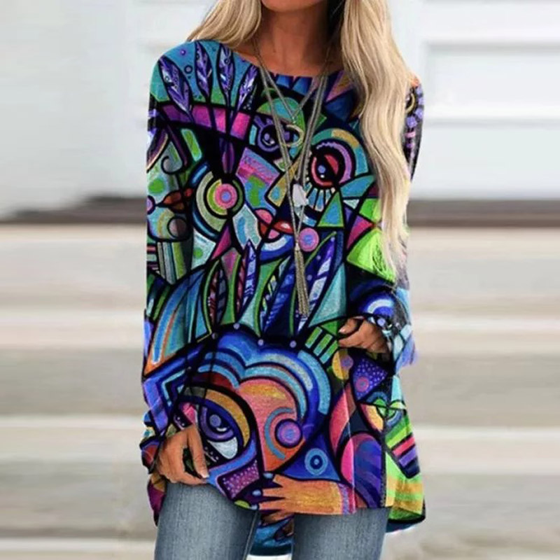 Title 5, Loose Long-sleeved V-neck Mid-length Printed T-...