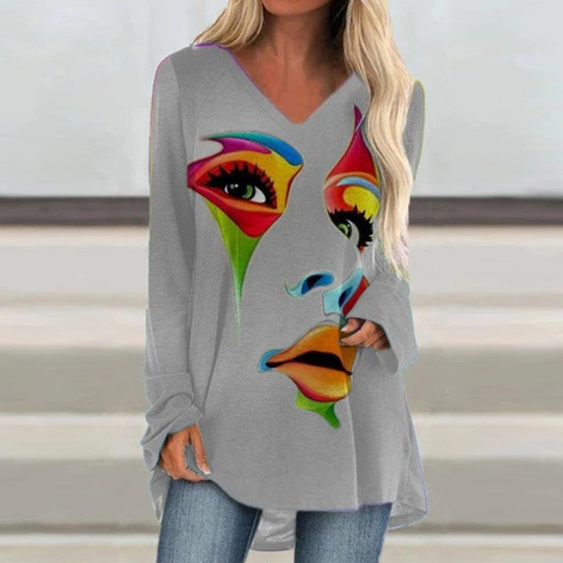 Title 10, Loose Long-sleeved V-neck Mid-length Printed T-...