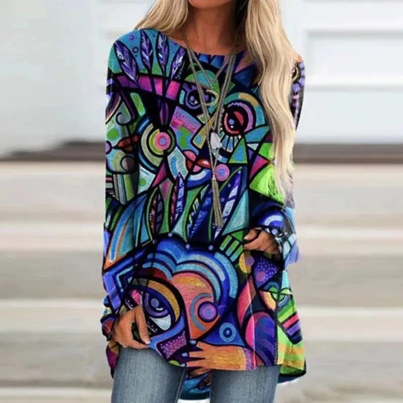 Loose Long-sleeved V-neck Mid-length Printed T-shirt - A-Xl