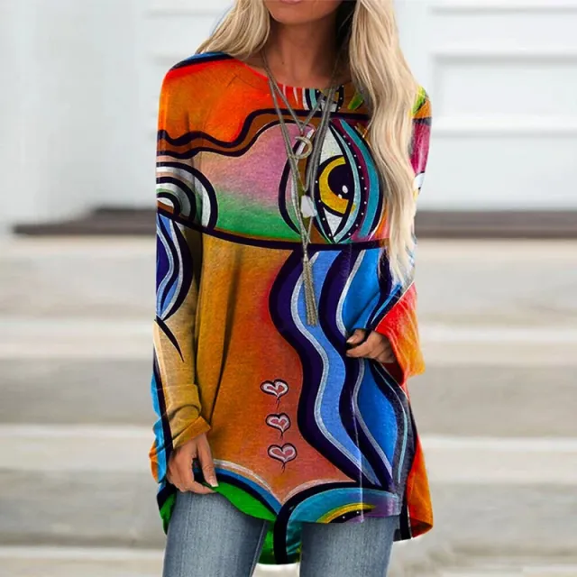 Loose Long sleeved V neck Mid length Printed T shirt B 4Xl - Shop at LoveMi