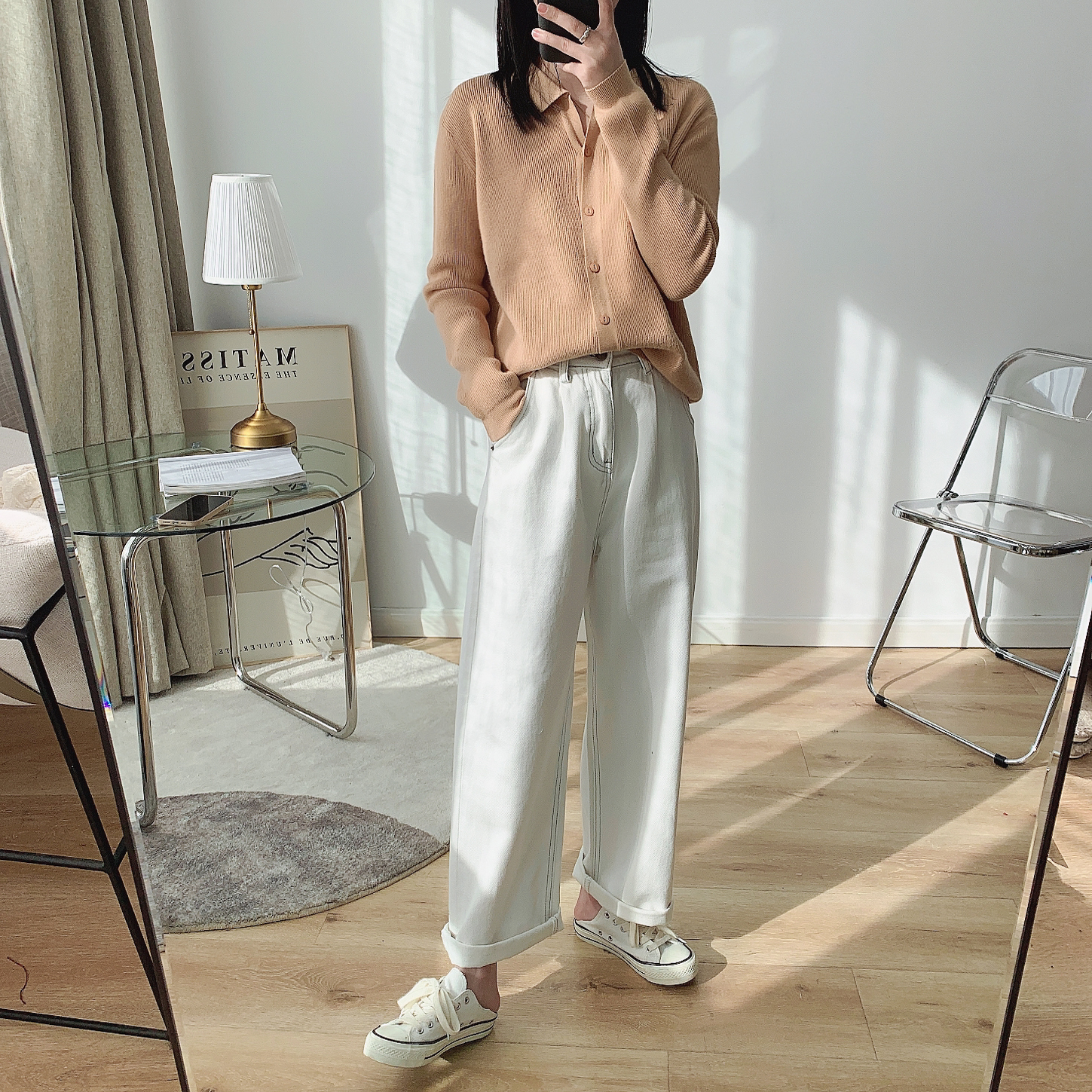 White Twill Denim Straight Leg Pants Women's High Waist Loose