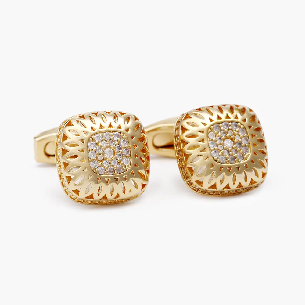 Men's Cufflinks Gold Hollow Diamond Square Copper