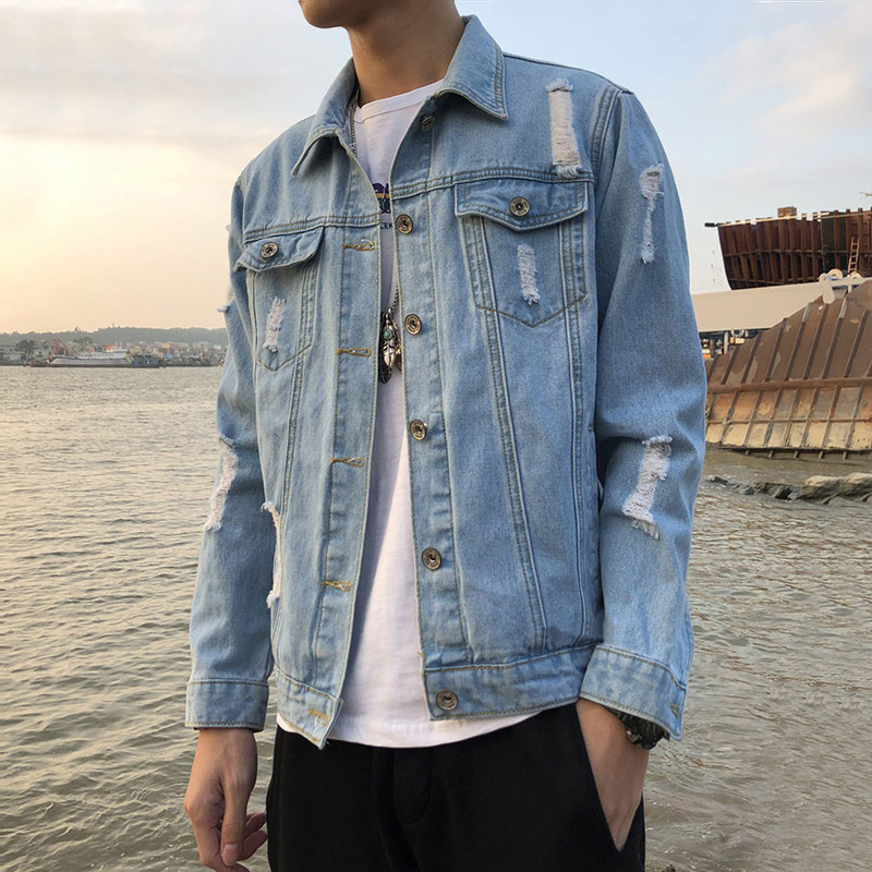 Ripped Denim Jacket Men's Korean Style