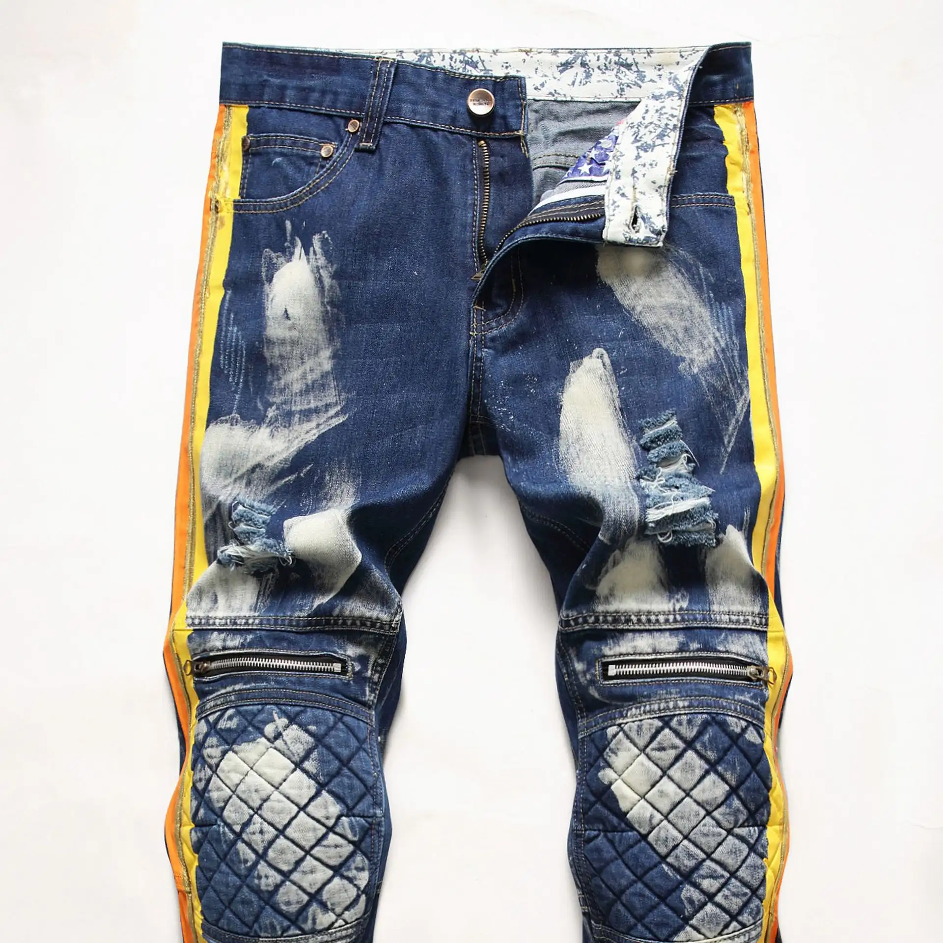 Denim Biker Jeans Contrast Color Knee Protect