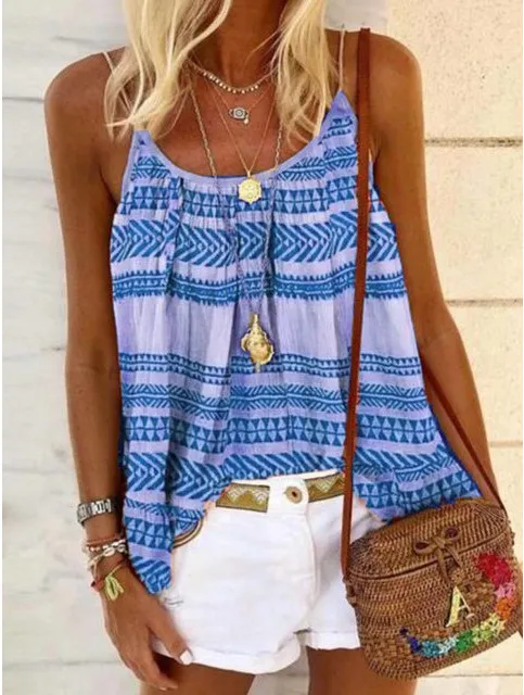 Summer Loose Casual Sexy Geometric Print Camisole Blue - Shop at LoveMi
