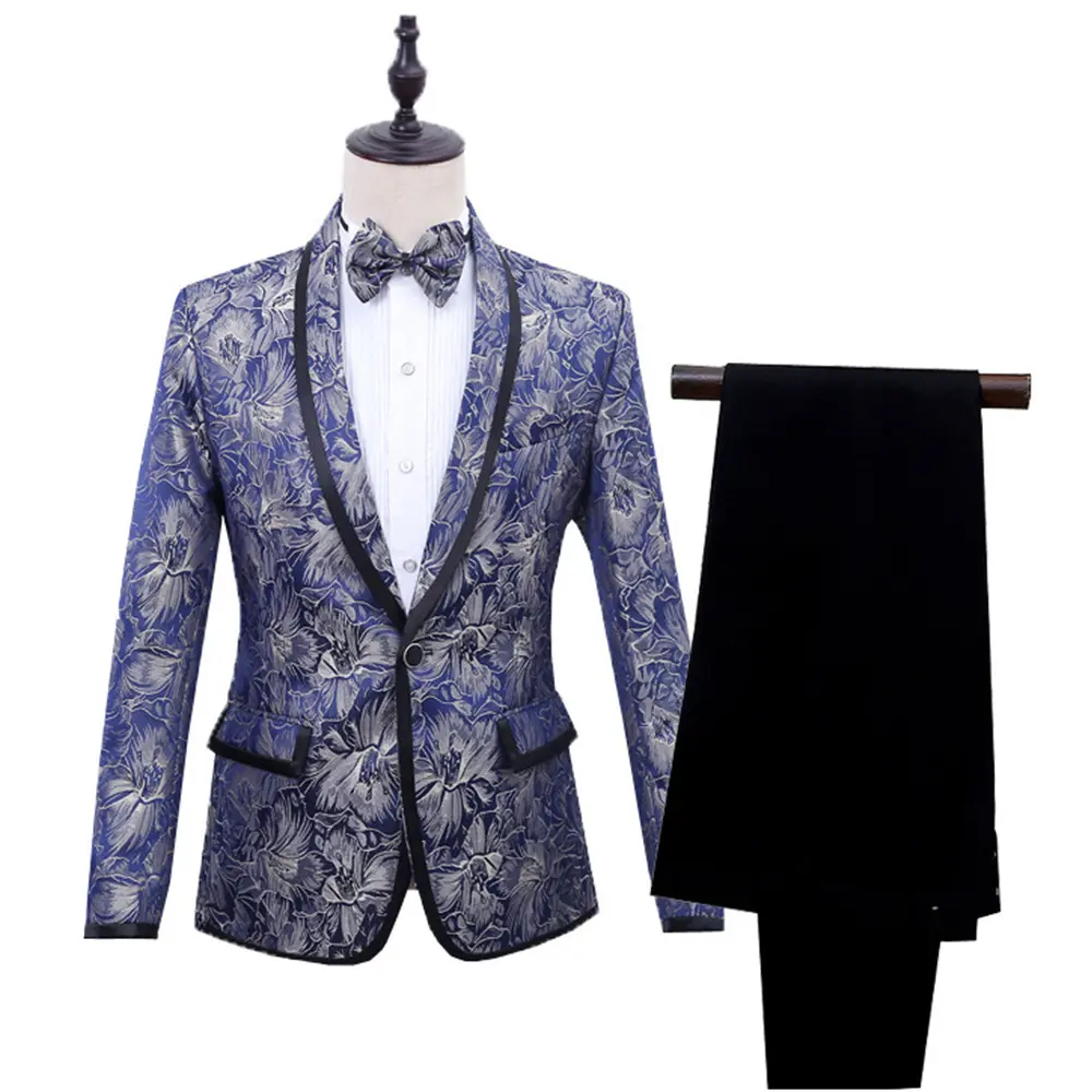 Best Man's Dress Blue Brocade Suit One Button Green