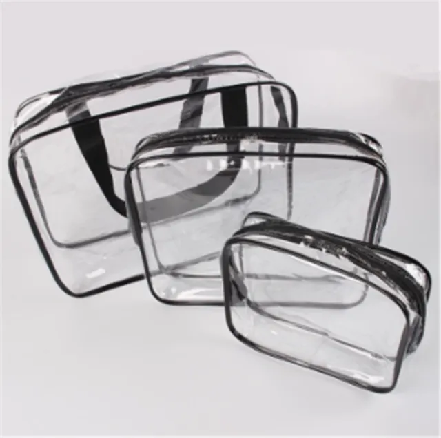 Pvc Transparent Cosmetic Storage Bag Wash Bag Three piece Set Black - Shop at LoveMi