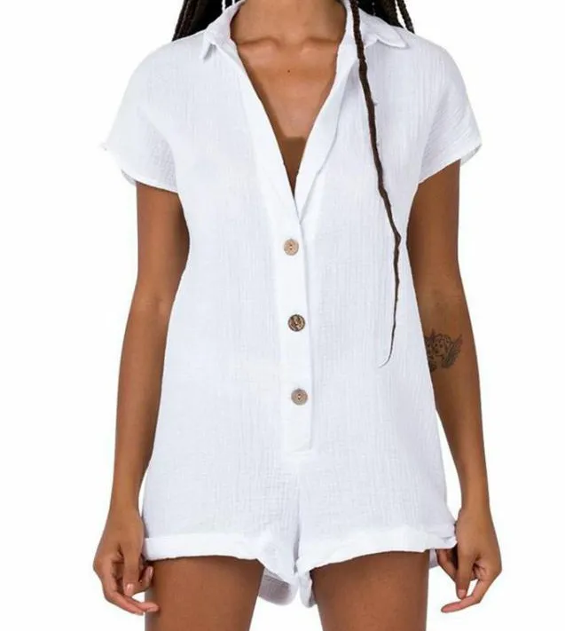 Ladies Summer Jumpsuit Solid Color V neck Short sleeved Buttons Cotton And Linen Casual White - Shop at LoveMi