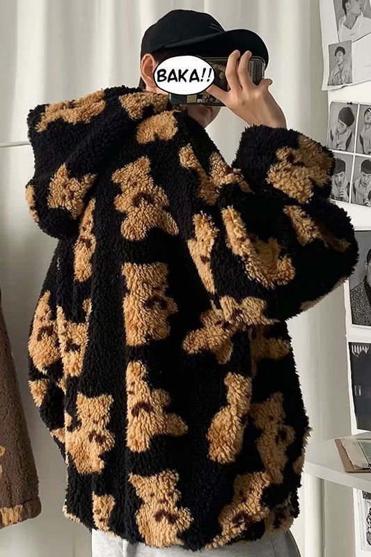 Hooded Sweater Men's Tide Ins Korean Cartoon Printed Lamb Velvet Jacket Thickened Loose Trend Student Clothes