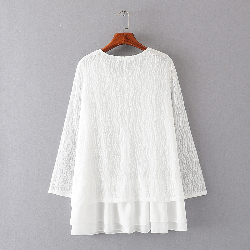 Women's Plus Fertilizer Spring Loose And Thin Ladies Lace Stitching Long-Sleeved Chiffon Shirt