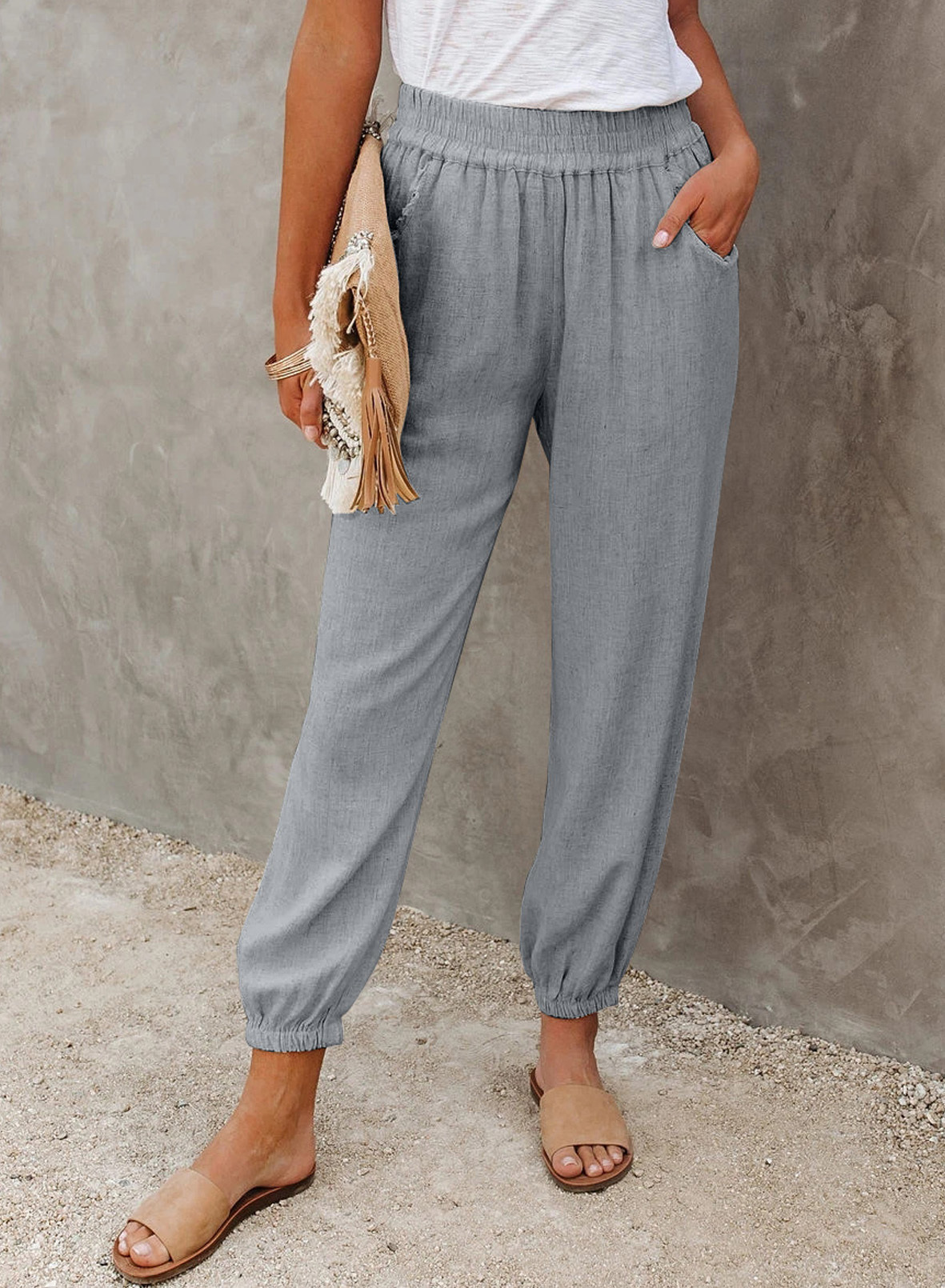 Solid Color Loose Pocket High Waist Cropped Trousers