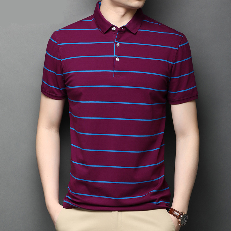 Men's Lapel Summer Striped Half Sleeve Casual Men's Mercerized Cotton Short Sleeve
