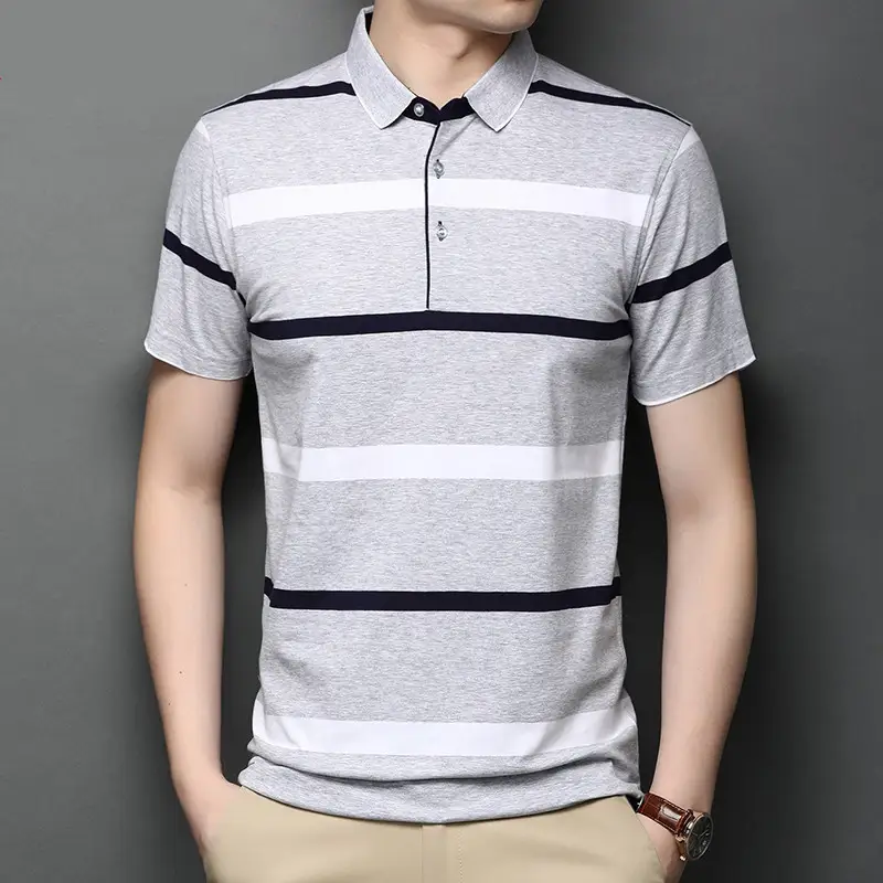 Men's Lapel Summer Striped Half Sleeve Casual Men's Mercerized Cotton Short Sleeve