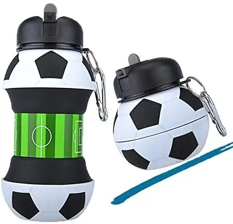 Football Soccer Silicone Water Bottle with Straw Foldable Collapsible