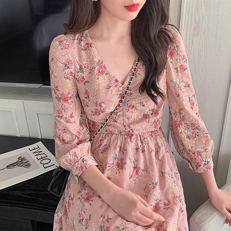 French Embroidery Dress Women Spring Retro Square Neck Long Sleeve Chiffon Floral… — image 1