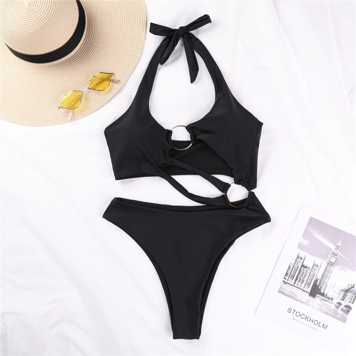 Solid Color Sexy Big Steel Ring Female One-Piece Swimsuit Swimsuit Bikini