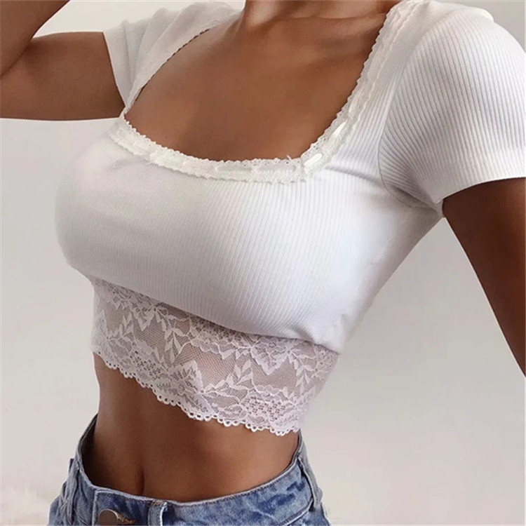 Lace Stitching Square Neck Short Sleeves