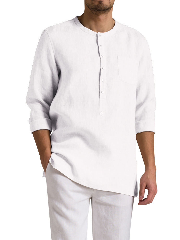 Cotton And Linen Round Neck Loose Casual Shirt