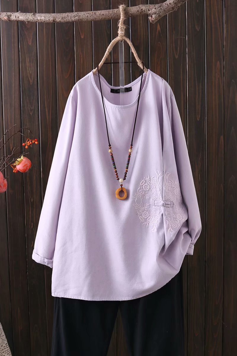 Womens Loose Large Cotton And Linen Embroidery Chinese Shirt
