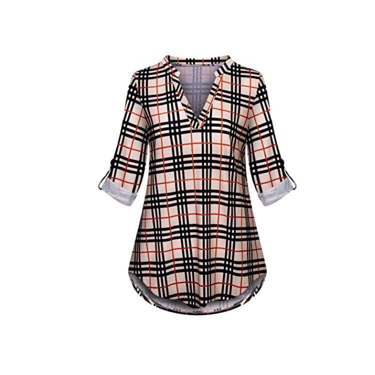 Long Sleeve Cotton Pullover Deep V-neck Mid-length Shirt