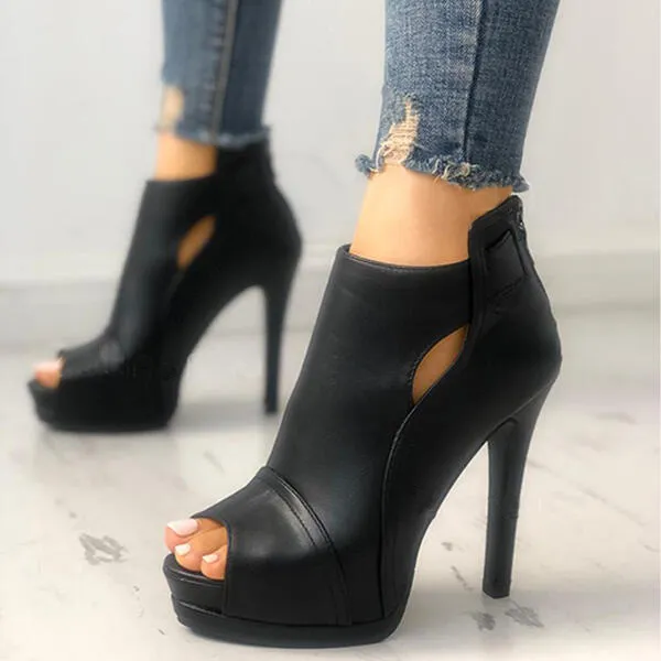 Women Hollow Square Heel Office Shoes Platform Breathable Boots Black - Shop at LoveMi