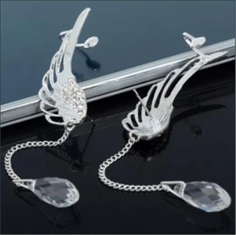 Angel Wings Flashing Diamond Ear Clip Crystal Chain Tassel Ear Jewelry