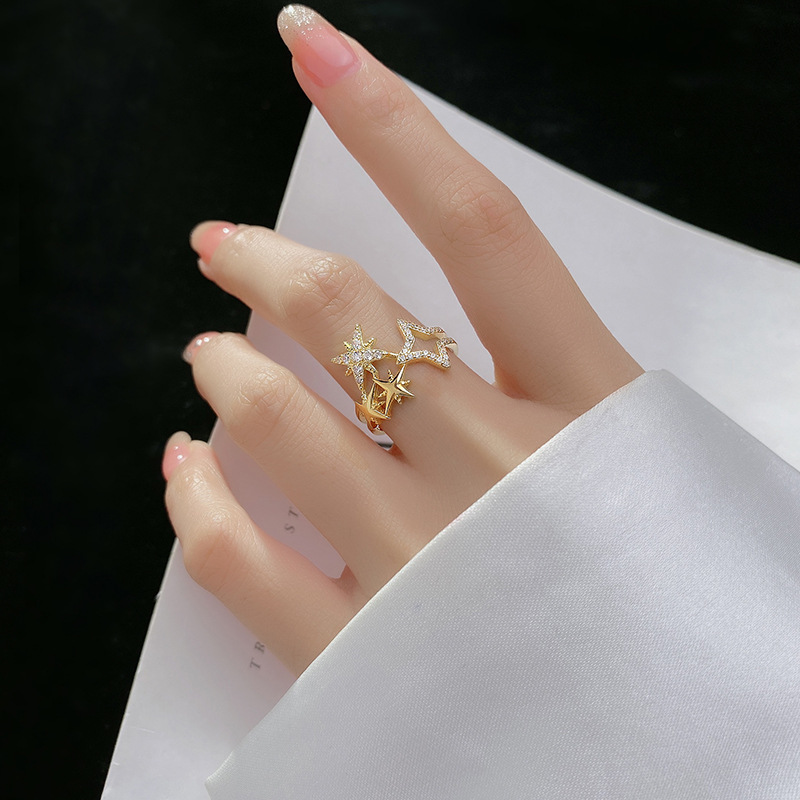 Sterling Silver Rhinestone Hollow Star Dainty Band Ring