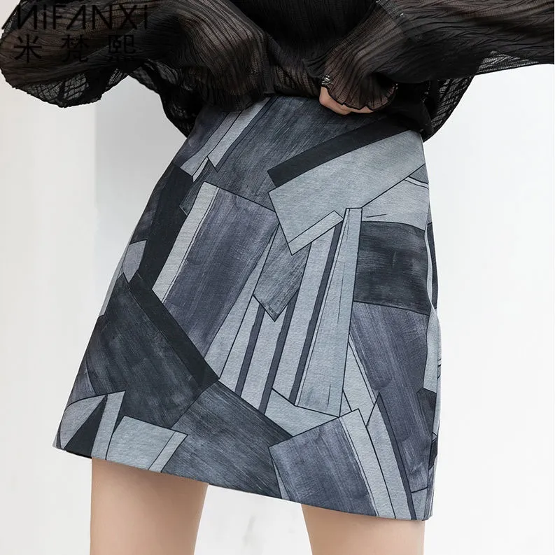 Printed Skirt Womens High Waist Slimming Package Hip Skirt A Line Skirt - Gray