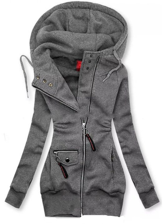 Stitched Drawstring Hooded Slim Fashion Jacket Grey - Shop at LoveMi