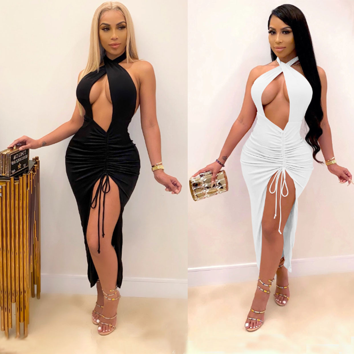 Сексуальное тонкое плиссированное платье с высоким разрезом