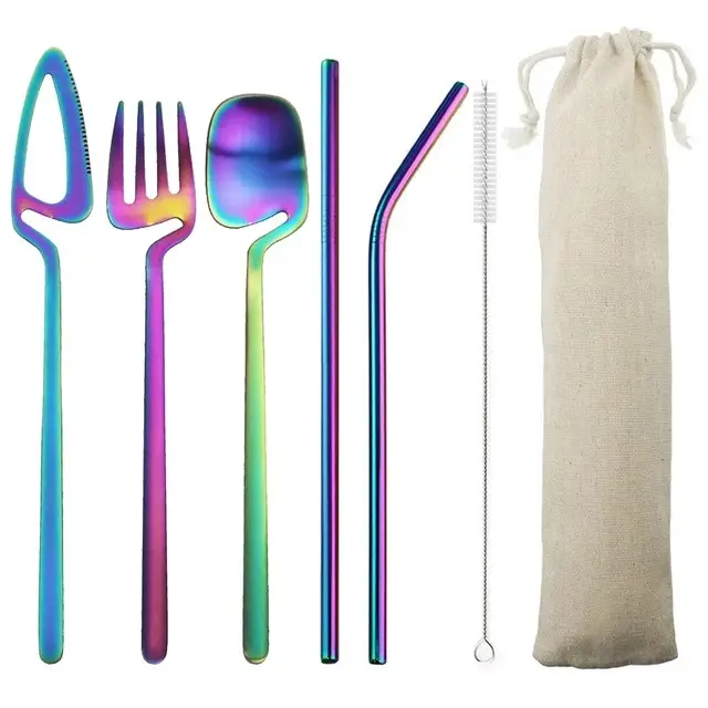 Cross-Border Western-Style 7-Piece Portable Cutlery Set Hanging Cup Cutlery Set Stainless Steel Travel Camping Cutlery