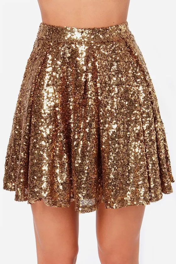 European and American Fashion Sexy Gold Sequin Skirt Pleated Skirt Gold - Shop at LoveMi