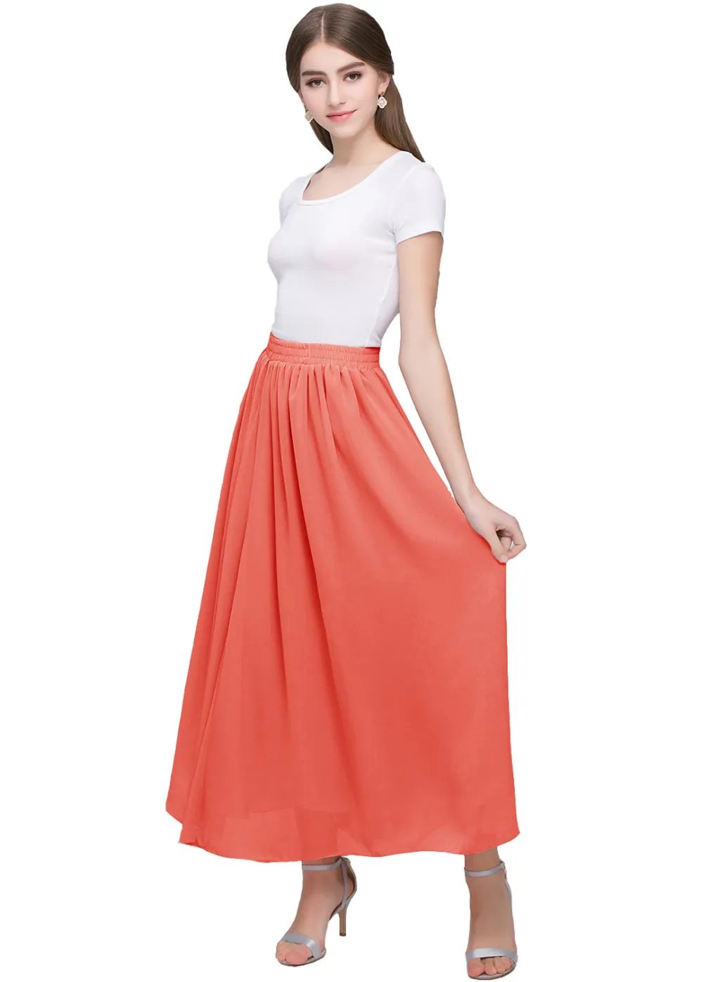 Large Swing Solid Color Chiffon Skirt - Coral