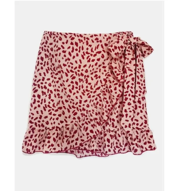 Women's High Waist Lace Up Short Skirt Ruffled Irregular Print Zipper Skirt Leopard - Shop at LoveMi