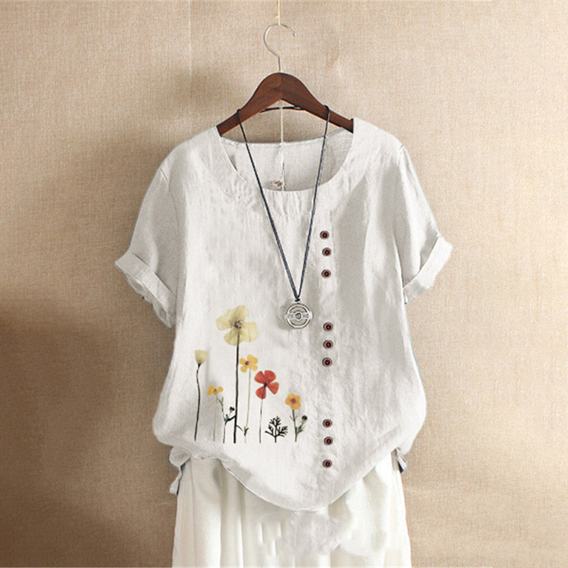 Women's Loose Short Sleeved Literary Linen Pullover Printed Cotton T Shirt