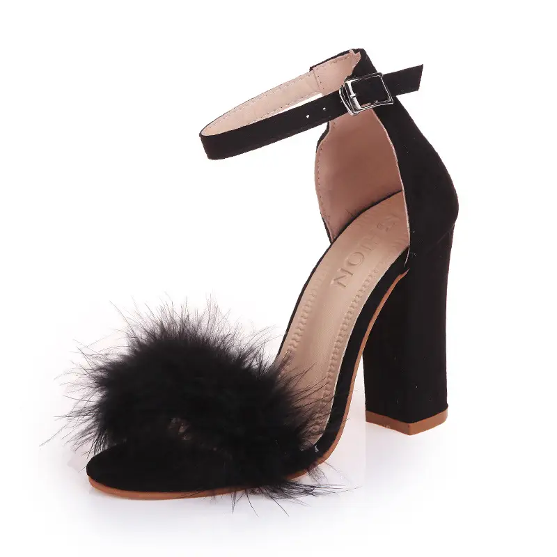 Aliexpress Hot Style New Open-Toed Shallow Mouth Large Size Women'S Single Shoes Rabbit Fur Buckle High-Heeled Sandals