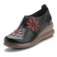 Ethnic Style Leather Deep Mouth Large Size Women's Singles Shoes - Black - View 1