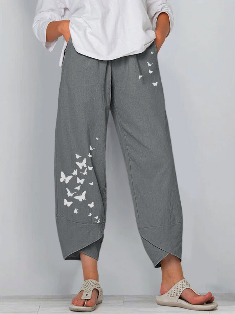 Summer Casual Loose Cotton And Linen Butterfly Print Wide Leg Pants Women