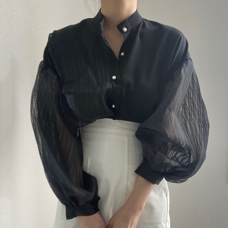 Chic Fairy Temperature Soft Small Stand-Up Collar Chic Pearl Buckle Loose Perspective Mesh Stitching Lantern Sleeves