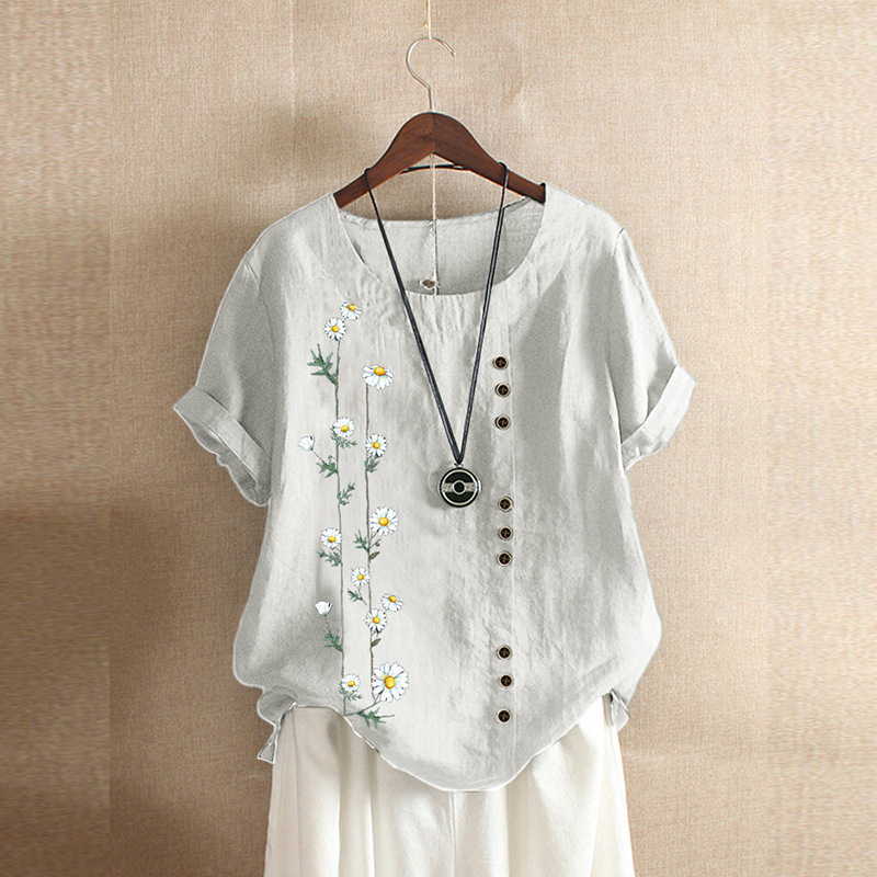 Cotton Linen Daisy Print Loose Short Sleeve Casual Shirt
