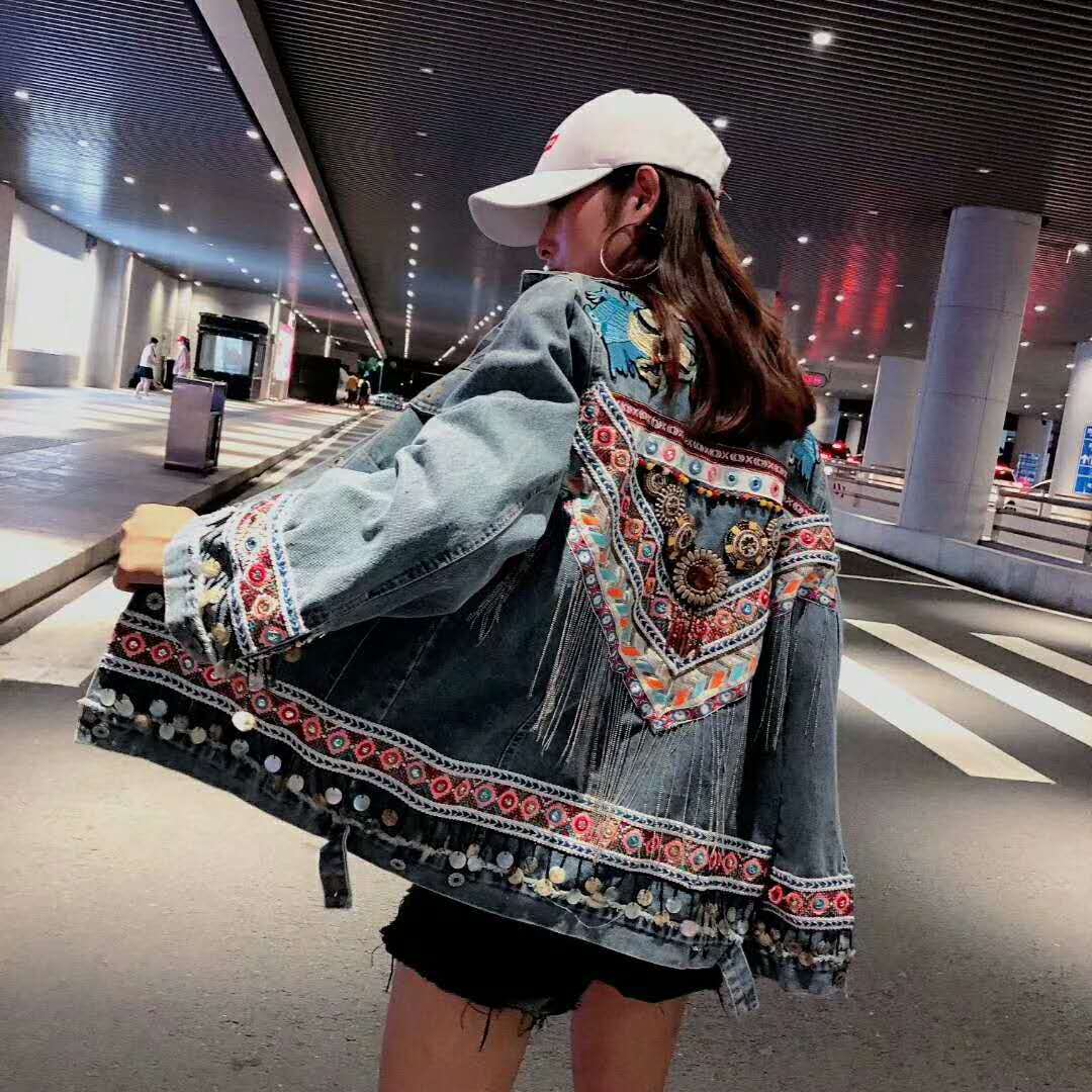 Heavy Industry Flower Embroidery Beaded Sequins Retro Fashion Long-sleeved Denim Jacket Women