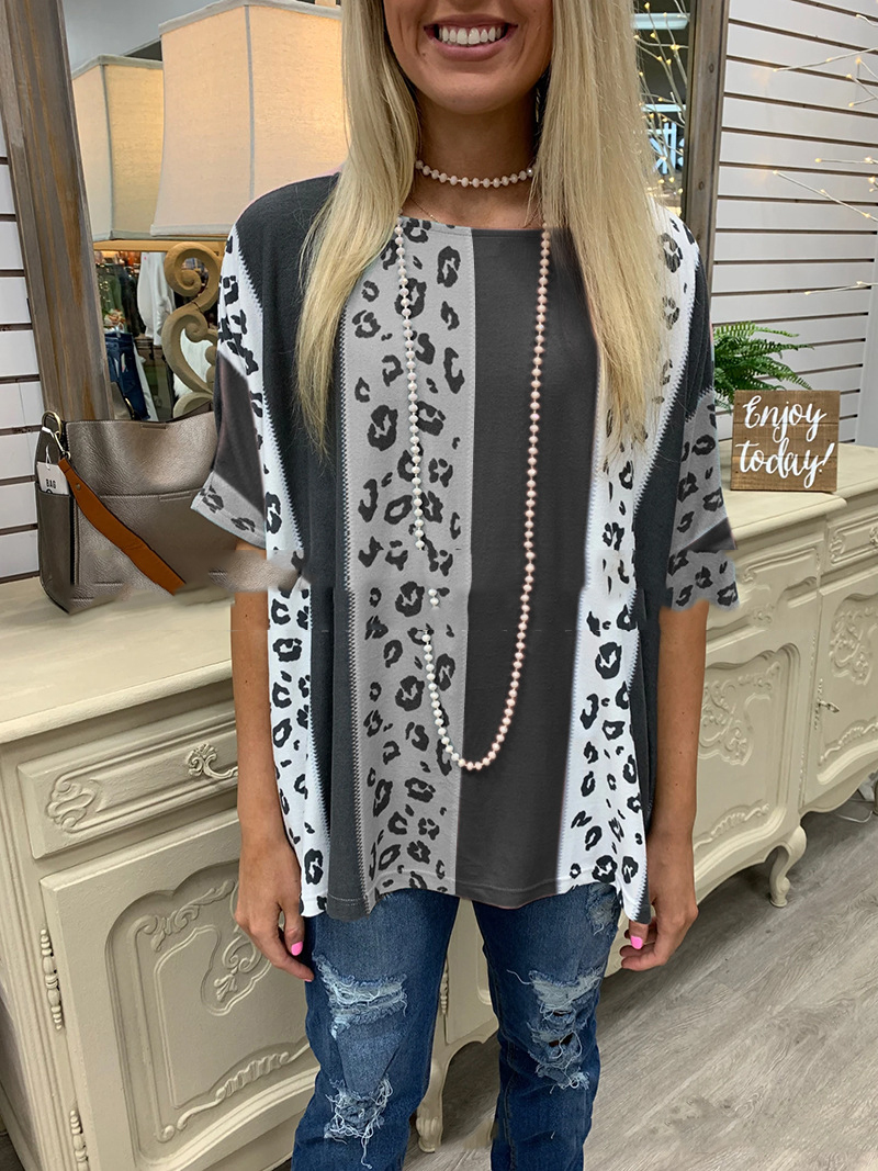 Turtleneck Round Neck Loose Leopard Print Short Sleeves White - Shop at LoveMi