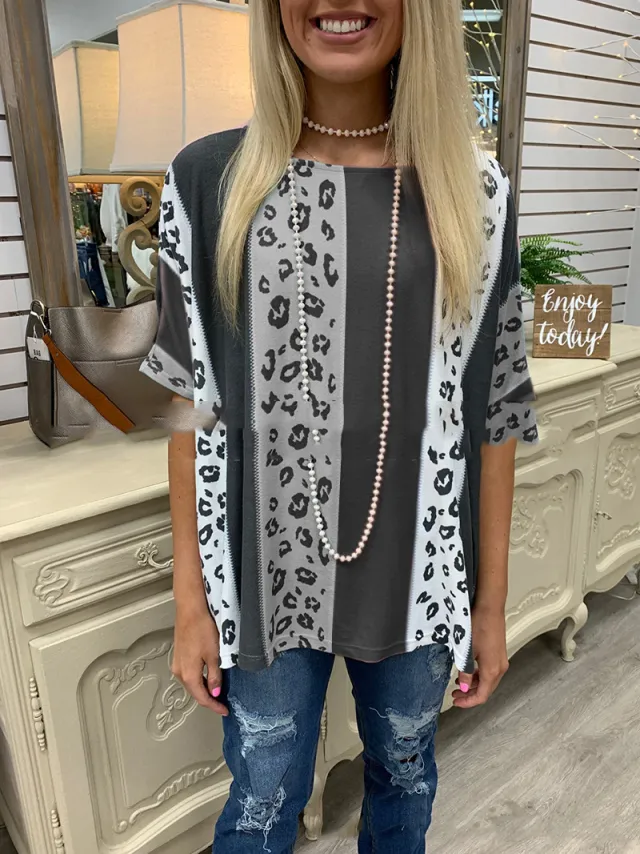 Turtleneck Round Neck Loose Leopard Print Short Sleeves White - Shop at LoveMi