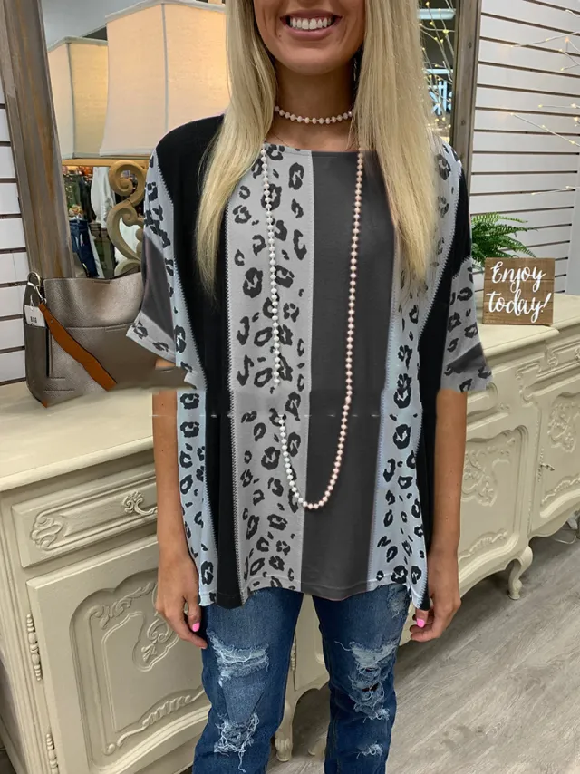 Turtleneck Round Neck Loose Leopard Print Short Sleeves Black - Shop at LoveMi