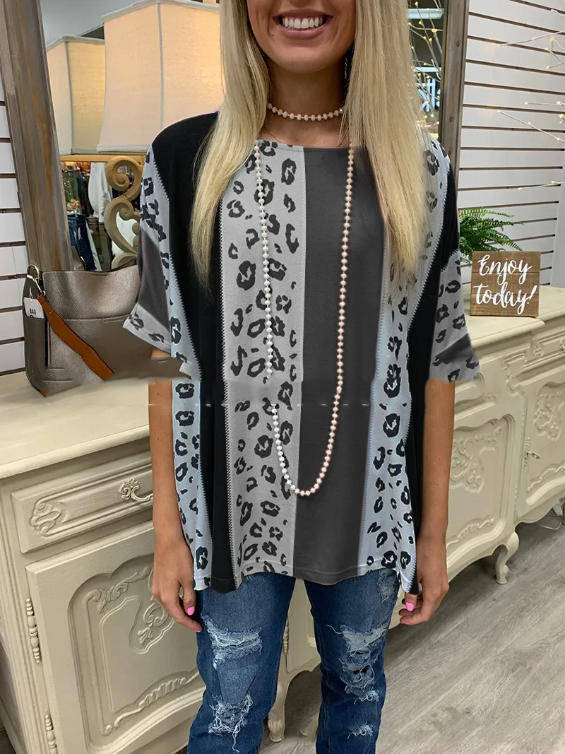 Turtleneck Round Neck Loose Leopard Print Short Sleeves - Black