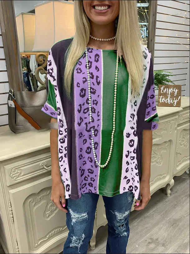 Turtleneck Round Neck Loose Leopard Print Short Sleeves Green - Shop at LoveMi